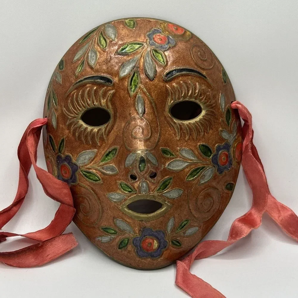 Vintage Enamel on Solid Brass‎ Mardi Gras Mask Face Ribbons Disintegrating 8